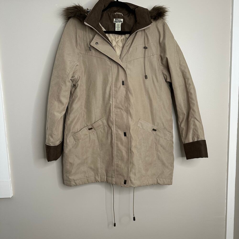 Classic‎ Elements Women's M Beige Faux Suede + Fur Hood Parka Coat Jacket